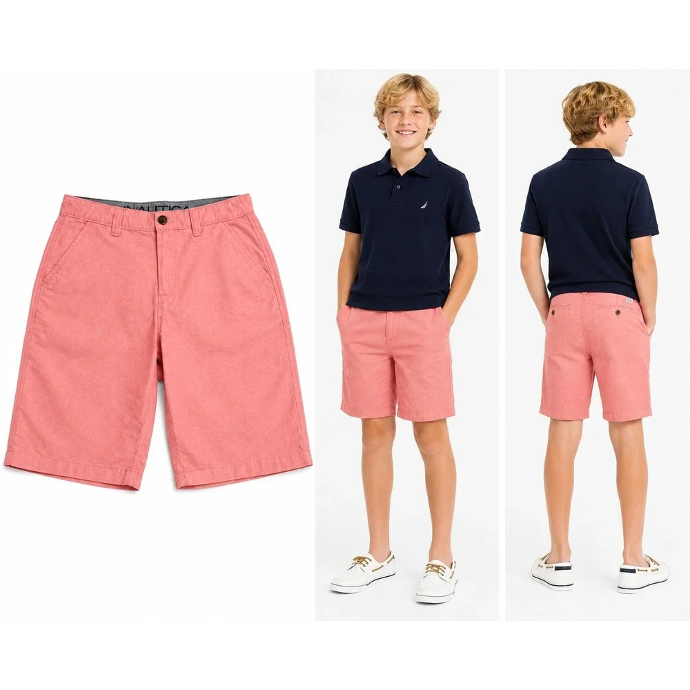 Nautica Boys 16 Pink Orange Flat Front Chino Shorts‎ Preppy Cotton Casual